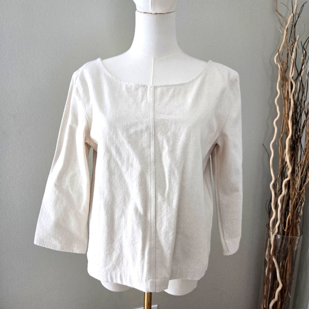 Tribe Alive Upcycled Denim Back Zipper Boxy Cream Top Size M